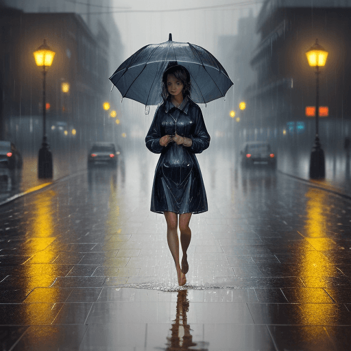 AI generated: An oil painting of a city street bathed in the gentle glow of street lamps, with a beautiful girl wa...