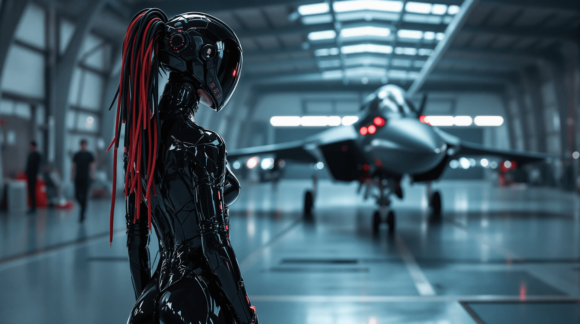 AI generated: A futuristic vision theam, full figure posing/shot, She's standing in the middle of a futuristic han...