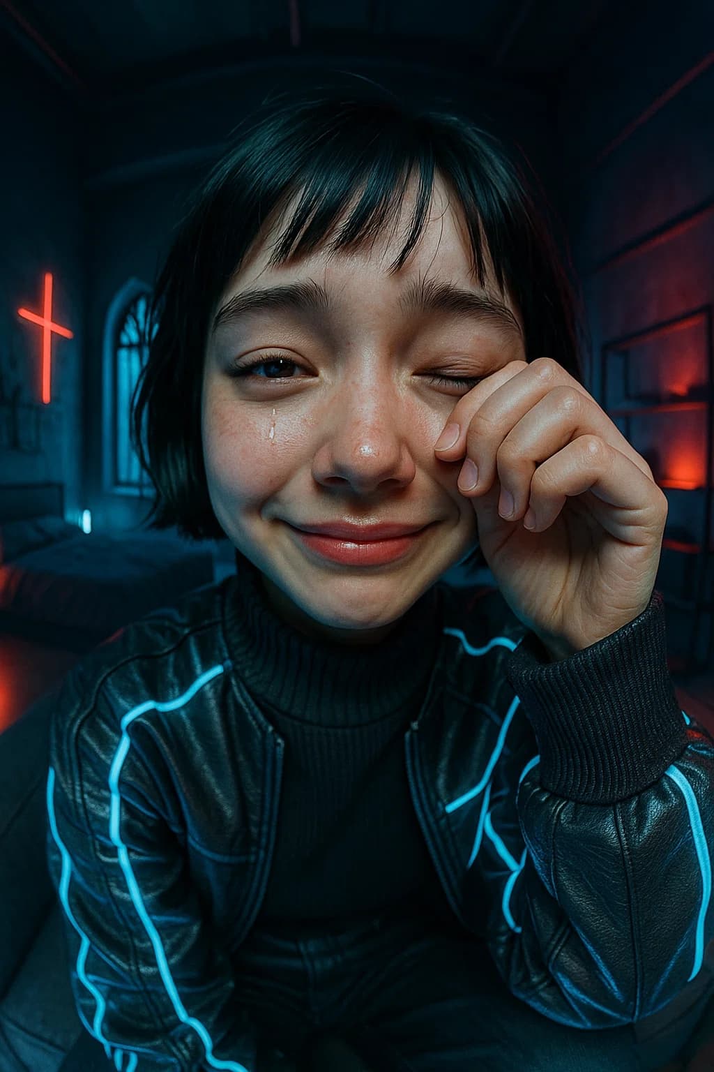 AI generated: A tremendously cutest young female with a faint smile and crying slightly while sitting on a sofa in...