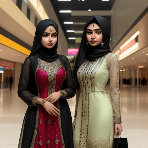 AI generated: two beautiful Bangladeshi woman/female standing at shopping mall. one is 23-year-old named neela and...