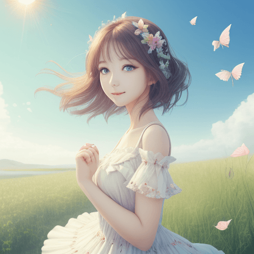 AI generated: A woman with lovely eyes is looking at the sky. Wearing a fluttering dress, looking at the sun.
Give...