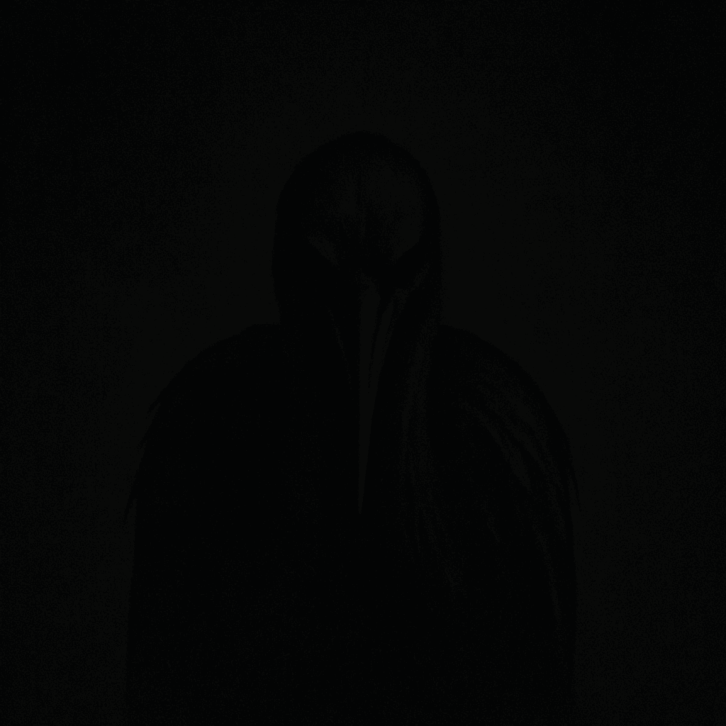 AI generated: A black and white picture of a heron that is obscure and dark, brooding, facing the viewer ever so s...