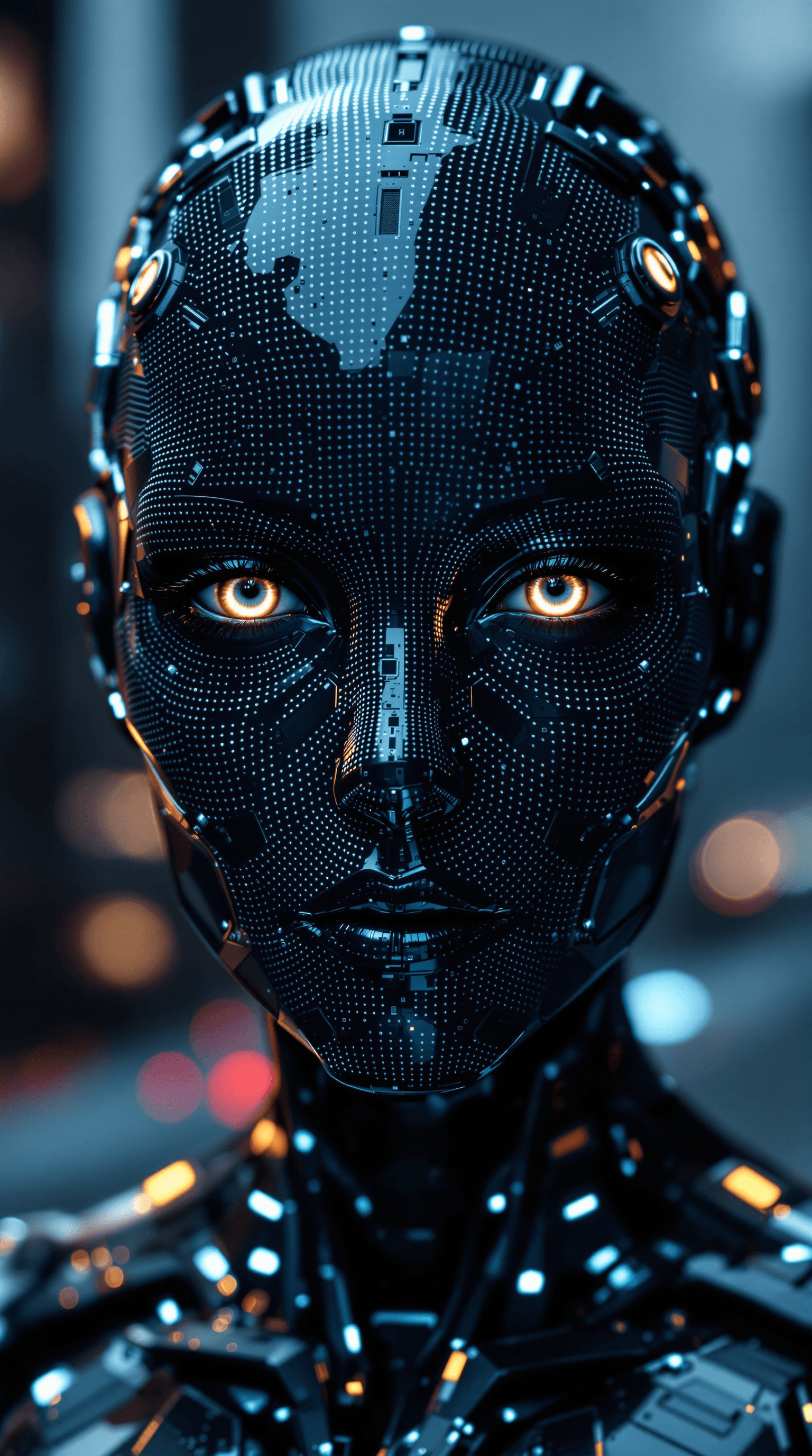 AI generated: A gritty digital photograph of an advanced humanoid robot's head and upper shoulders, 2/3 view, desi...