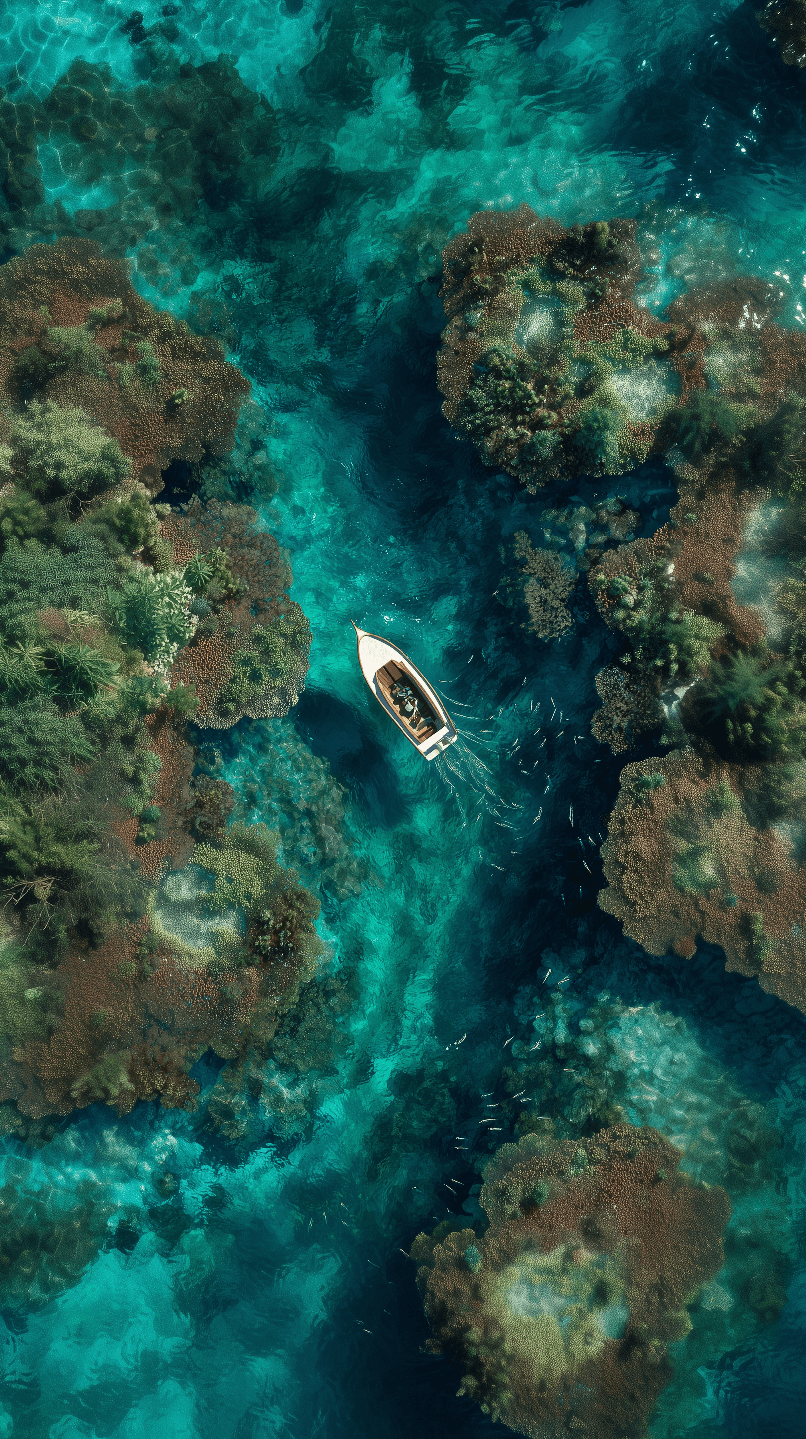 AI generated: aerial shot, crystal clear underwater canyons on leisurely floating boat, tropical fish that follow ...