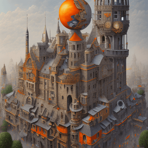 AI generated: a painting of a town with a clock tower and a street, mc escher and ronny khalil, dark grey and oran...