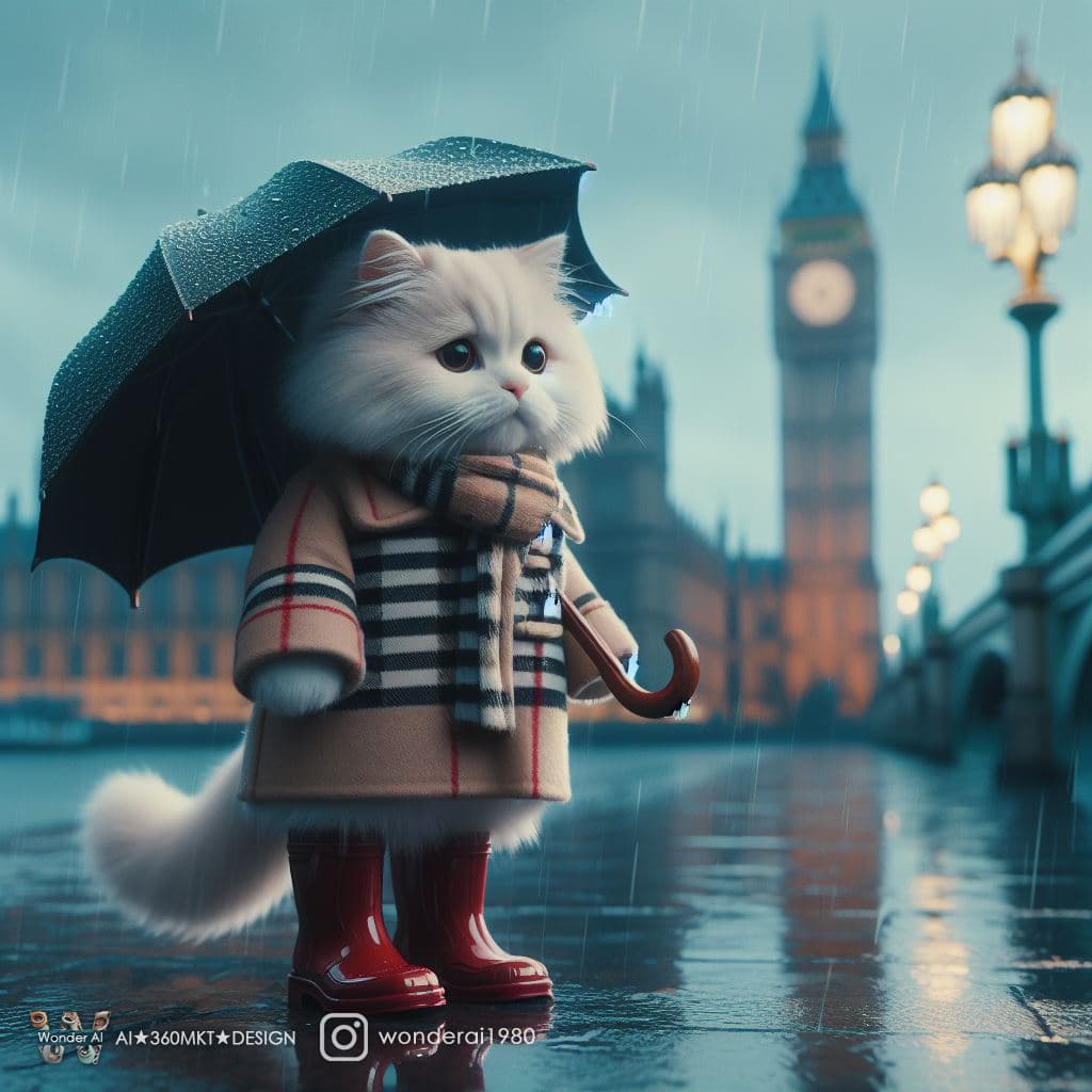 AI generated: anthropomorphic real adorable cream-colored cat, wearing a pensive ex-pression, clad in a classic Bu...
