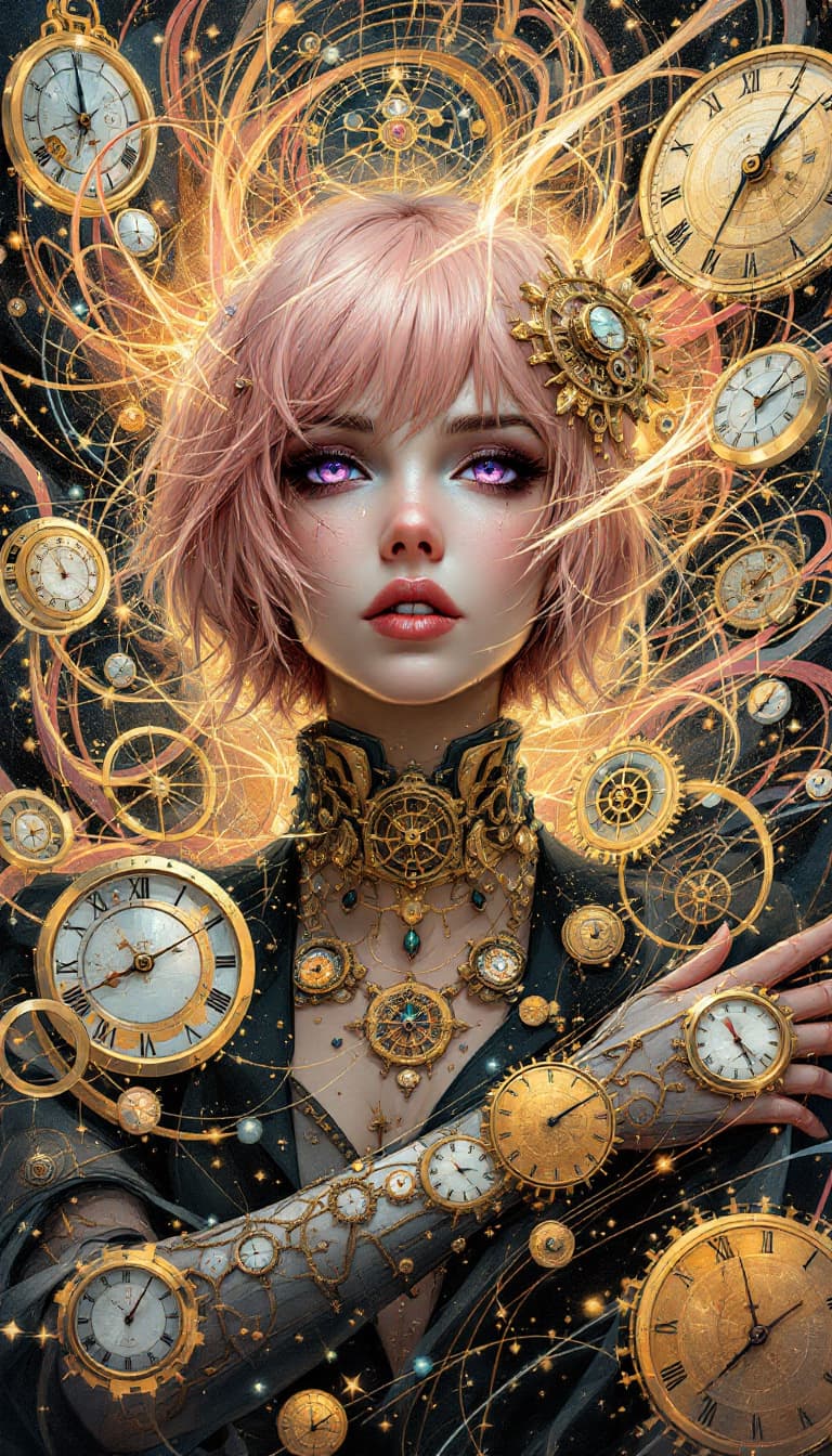 AI generated: "Rose Gold Chronomancer in a Time Stream": A mesmerizing abstract painting depicts a chronomancer, e...
