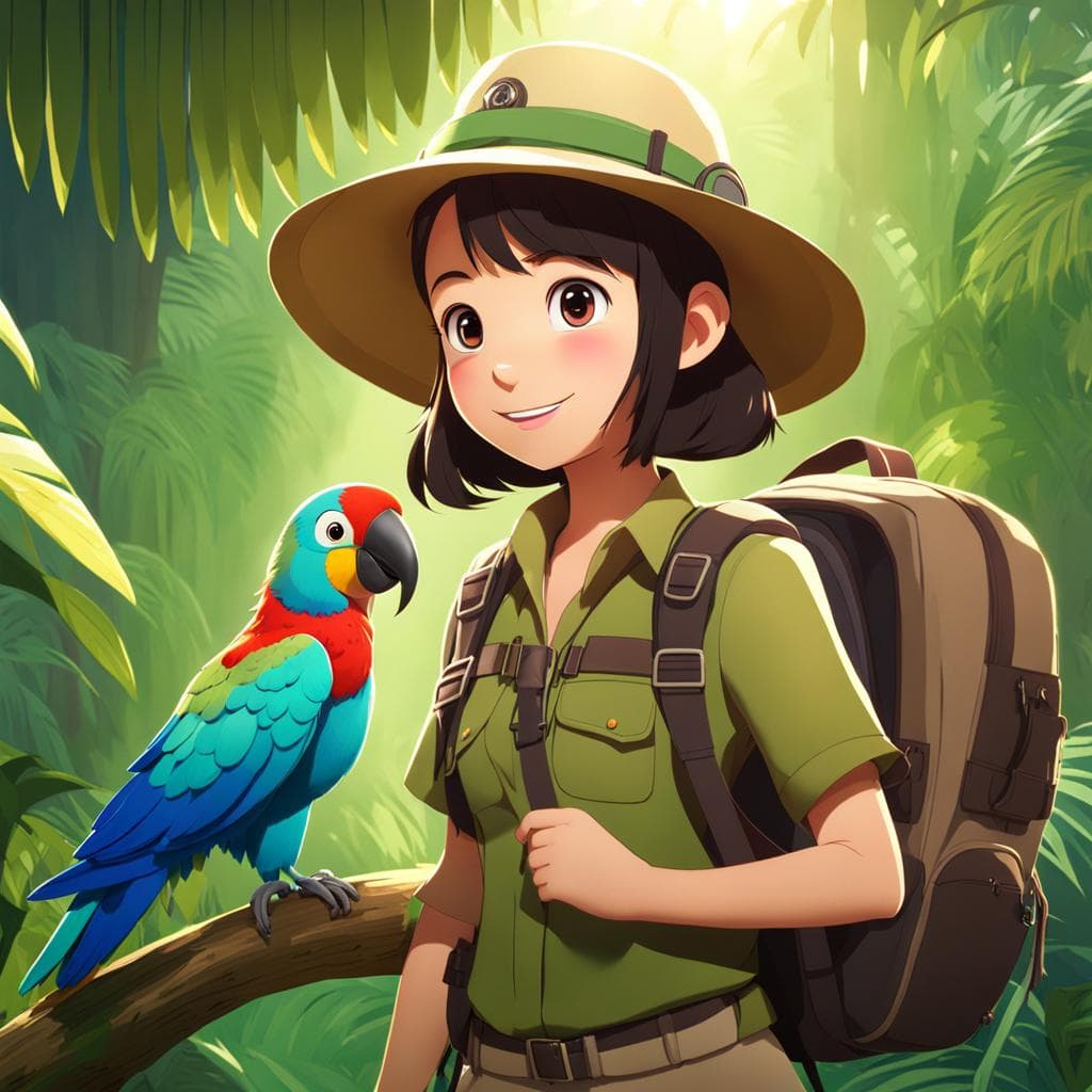 AI generated: A  jungle explorer in a 3D Pixar style, cute girl, with an explorer hat and a backpack, accompanied ...