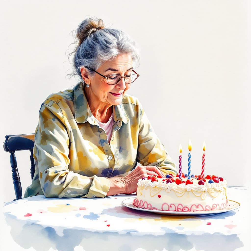 AI generated: Watercolor painting of a 60-year-old woman sitting looking at a birthday cake on a table.