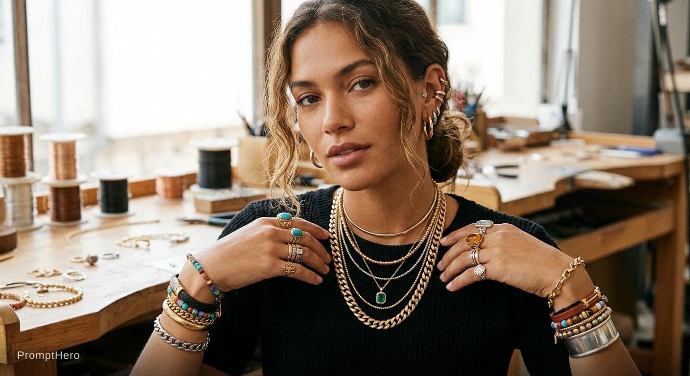 AI generated: aodel wear all jewellery  photo I have given

