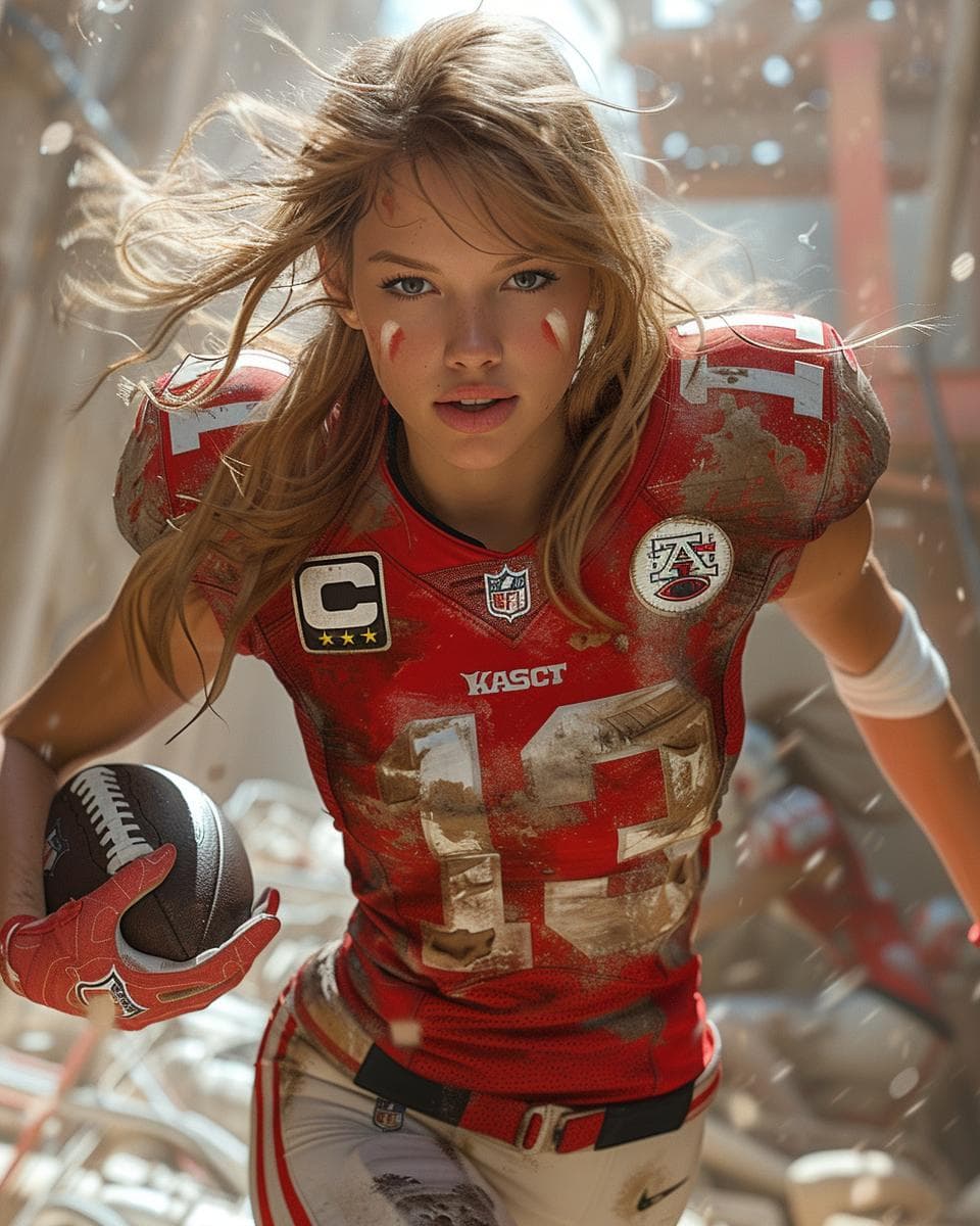 AI generated: In this fantastic scene a full body  Taylor swift American Footballer Toddler is wearing red and gol...