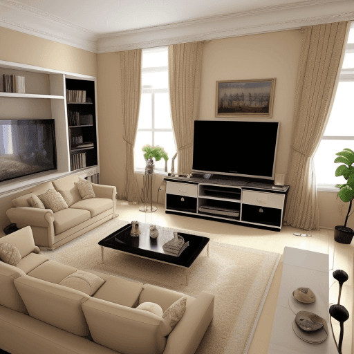 AI generated: photograph, living room to relax my mind and eyes after day so hard in work  be living room big and ...