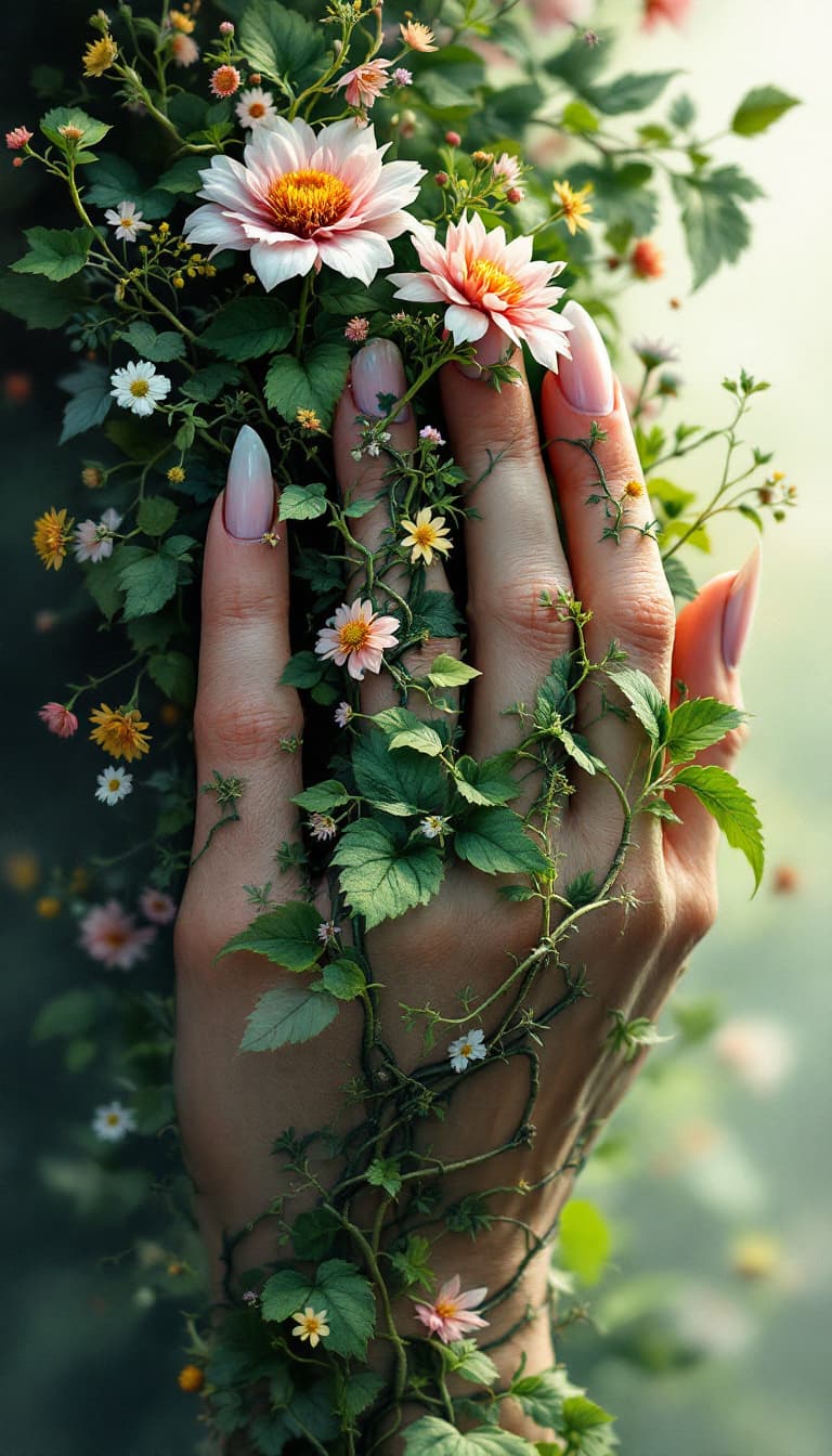 AI generated: 7. A powerful, close-up view of a woman's hands, transforming into a living garden, with her fingers...