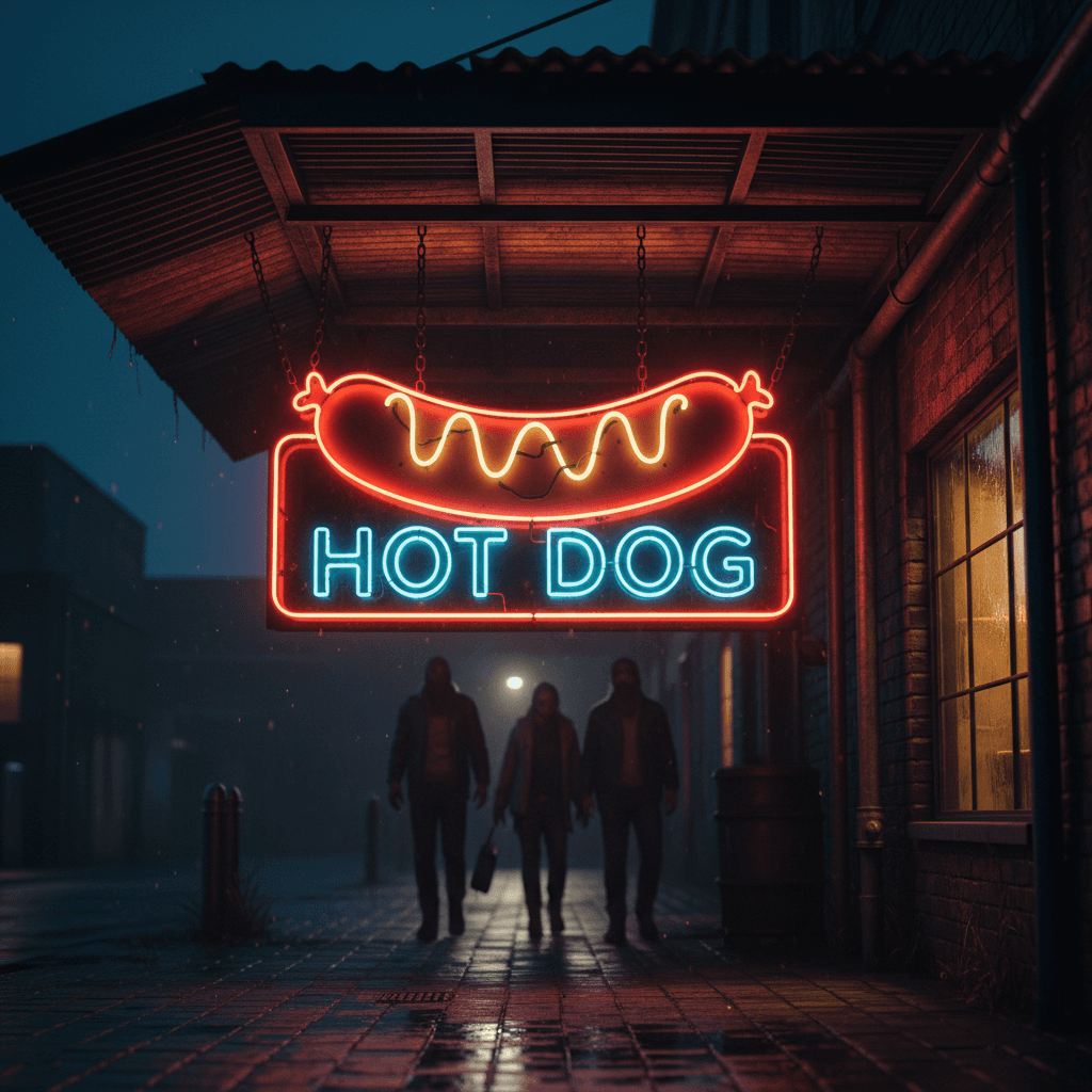 AI generated: A neon sign vibrant with life, showcasing a HOT DOG design hanging from the roof over the pavement, ...