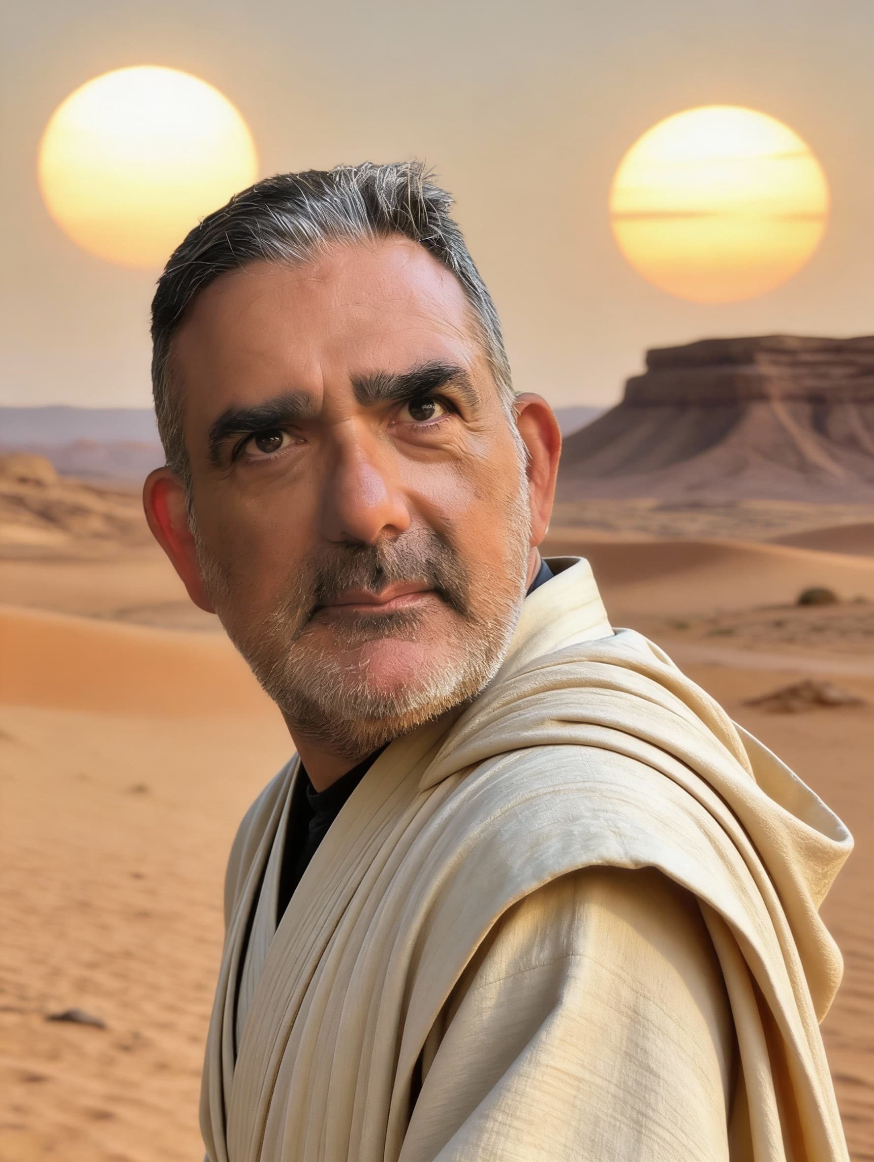 AI generated: Close up photography of a Jedi hiding in Tatooine, looking over his shoulder, beware of risks, --ar ...