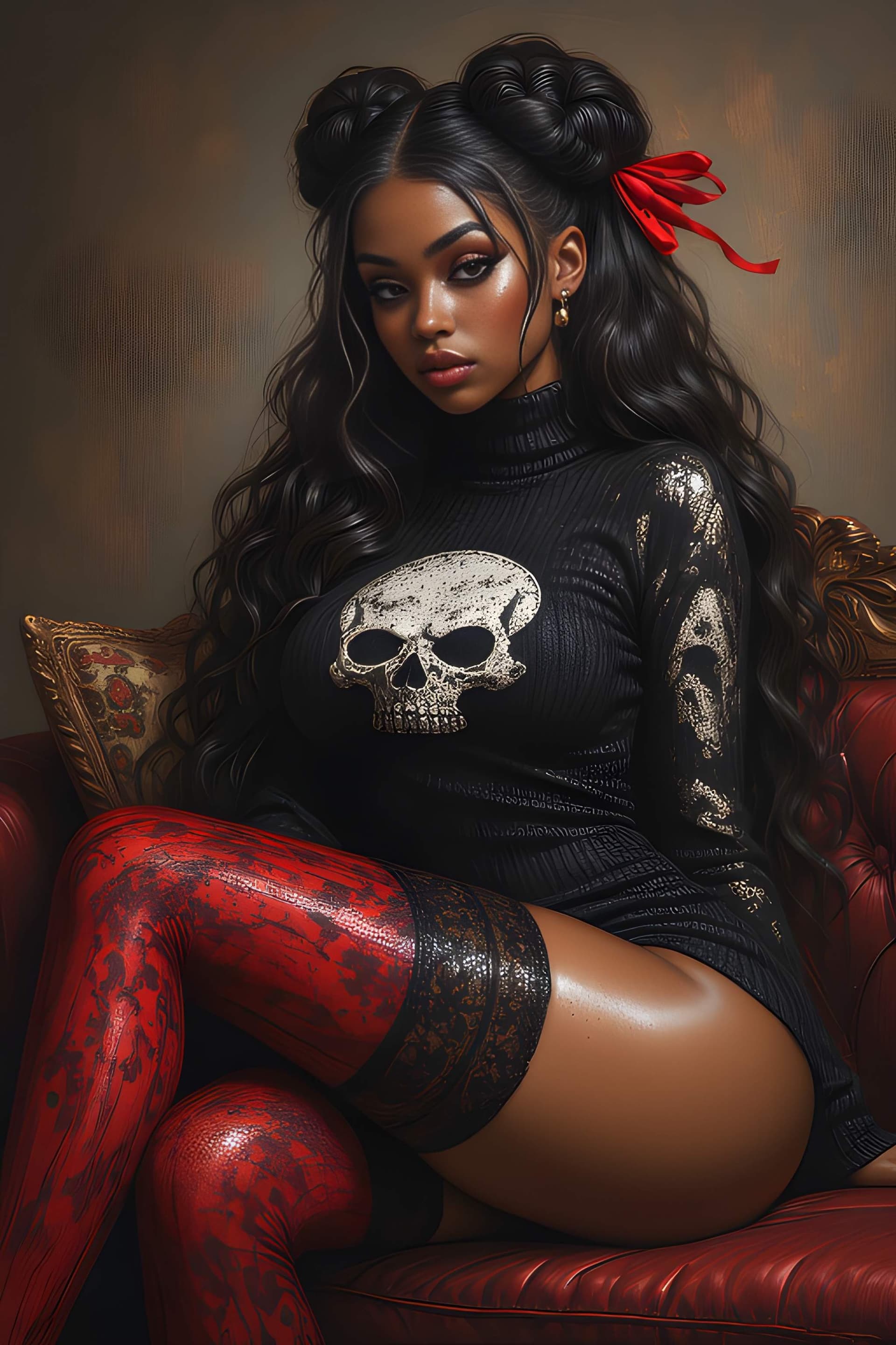 AI generated: A stunning portrait of a beautiful Black woman, seated on a luxurious red leather sofa. She wears a ...