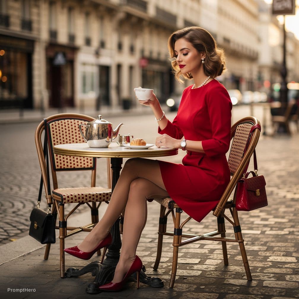 AI generated: lady having tea at a paris coffee shop, elegant, nude nylon, red heels, red dress
