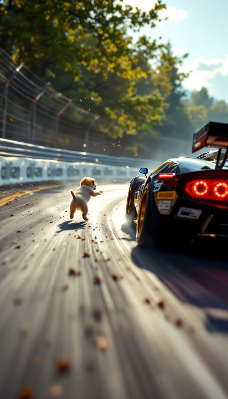 AI generated: Summer. The first racing car, racing along the race track, makes a sharp turn. A little dirt flies f...