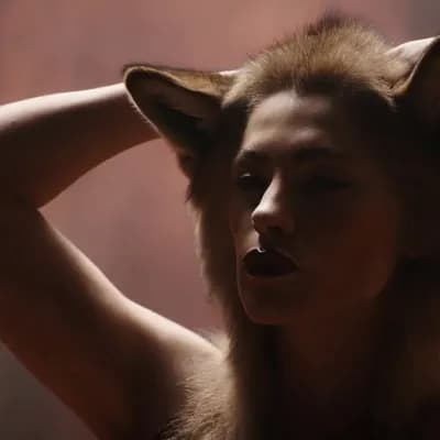 AI generated video: Arms raised, hands behind head. Wolf ears flat against head. Pouting expression.