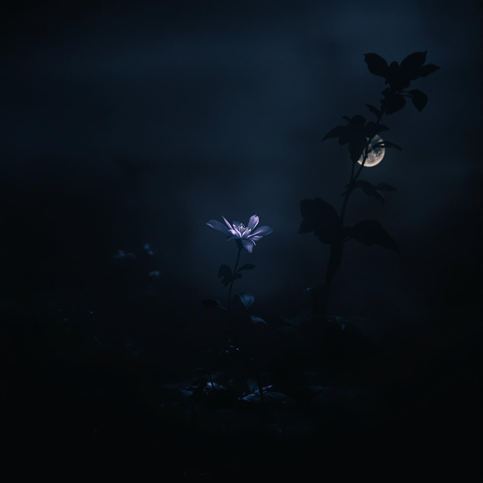 AI generated: A dark, moody shot of the flowers from Tamayubo’s garden. The camera slowly zooms in on a single flo...