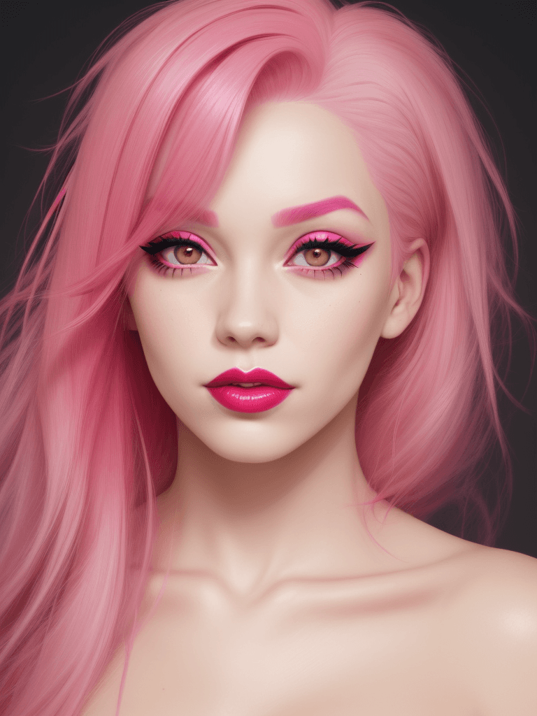 AI generated: Ugly girl, pink hair, red lipstick, pink eyeliner