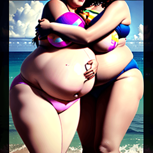 AI generated: Photo of a chubby Taylor Swift in a bikini hugging a pregnant Kamala Harris, Realistic, photorealist...