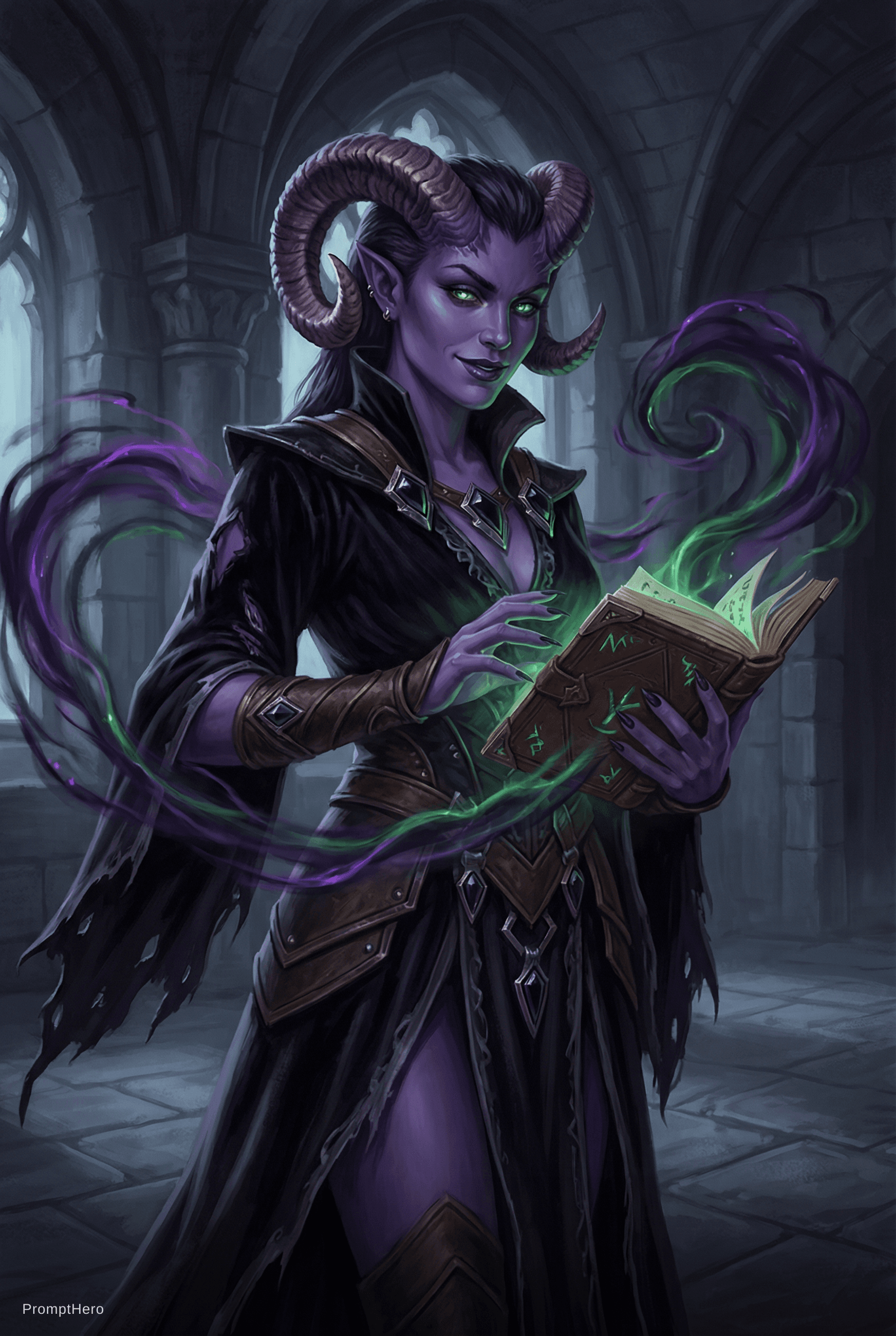 AI generated: female tiefling warlock, purple skin, curled horns, glowing green eyes, tattered black robes, holdin...