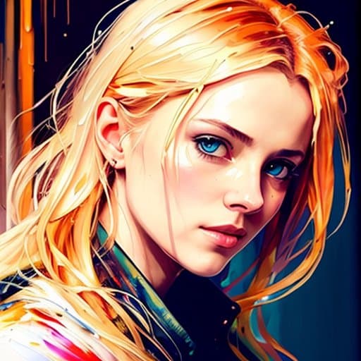 AI generated: portrait of a blonde lady,(colours melting!), (Oil Painting:1.2), wet paint brush strokes, glow effe...