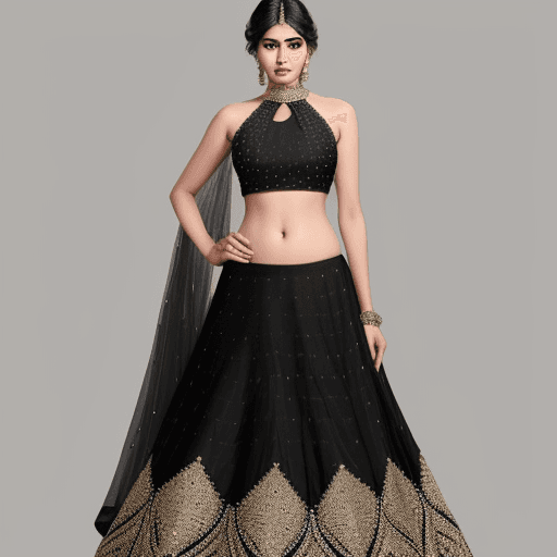 AI generated: A unique lehenga design in black and a conservative one. Could be sleeveless. Do not have to give ha...