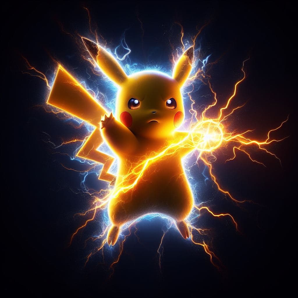 AI generated: an image of Pikachu in a battle stance to unleash its signature volt tackle in the style of Dragon B...