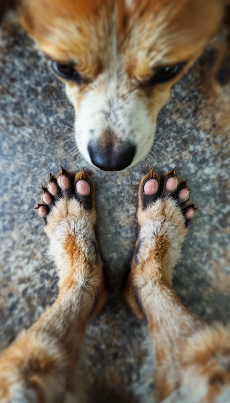 AI generated: POV first-person,  I am a dog standing on all fours, looking down at my front paws. The camera persp...