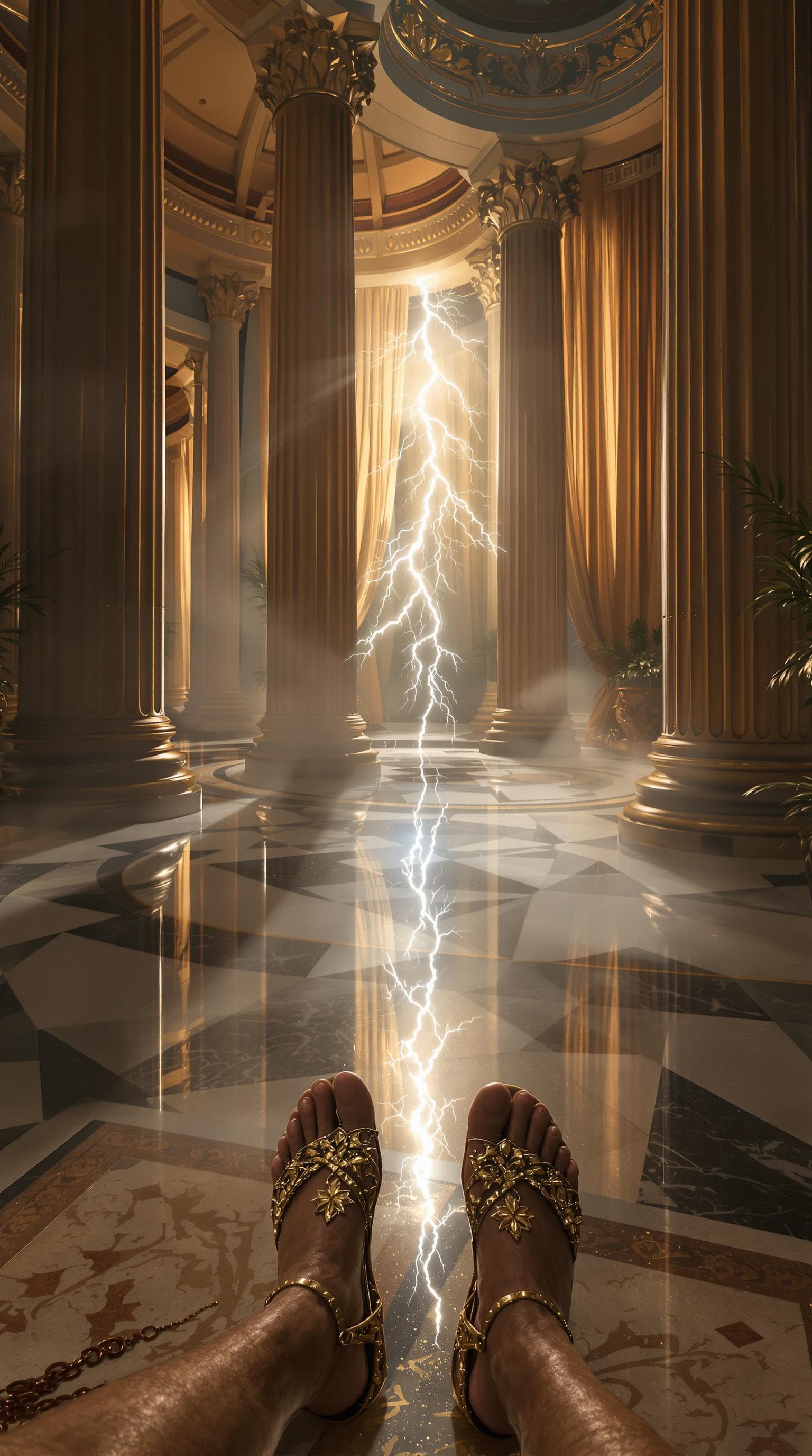 AI generated: first person POV, ornate golden sandals on misty marble floor, ethereal Greek bedroom interior, goss...