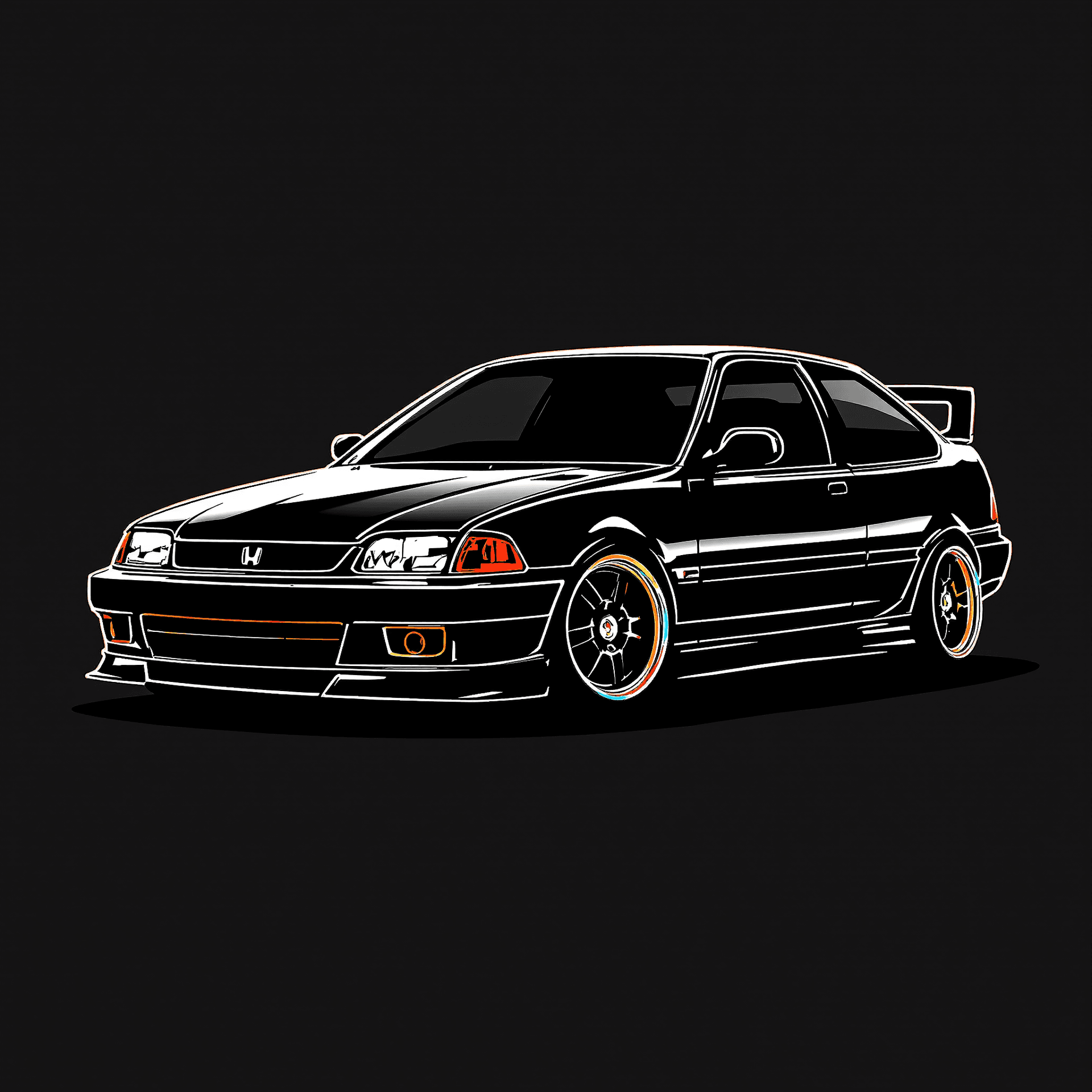 AI generated: Minimalist vector of a side profile Honda Civic EG silhouette, bold single-line outline, solid black...