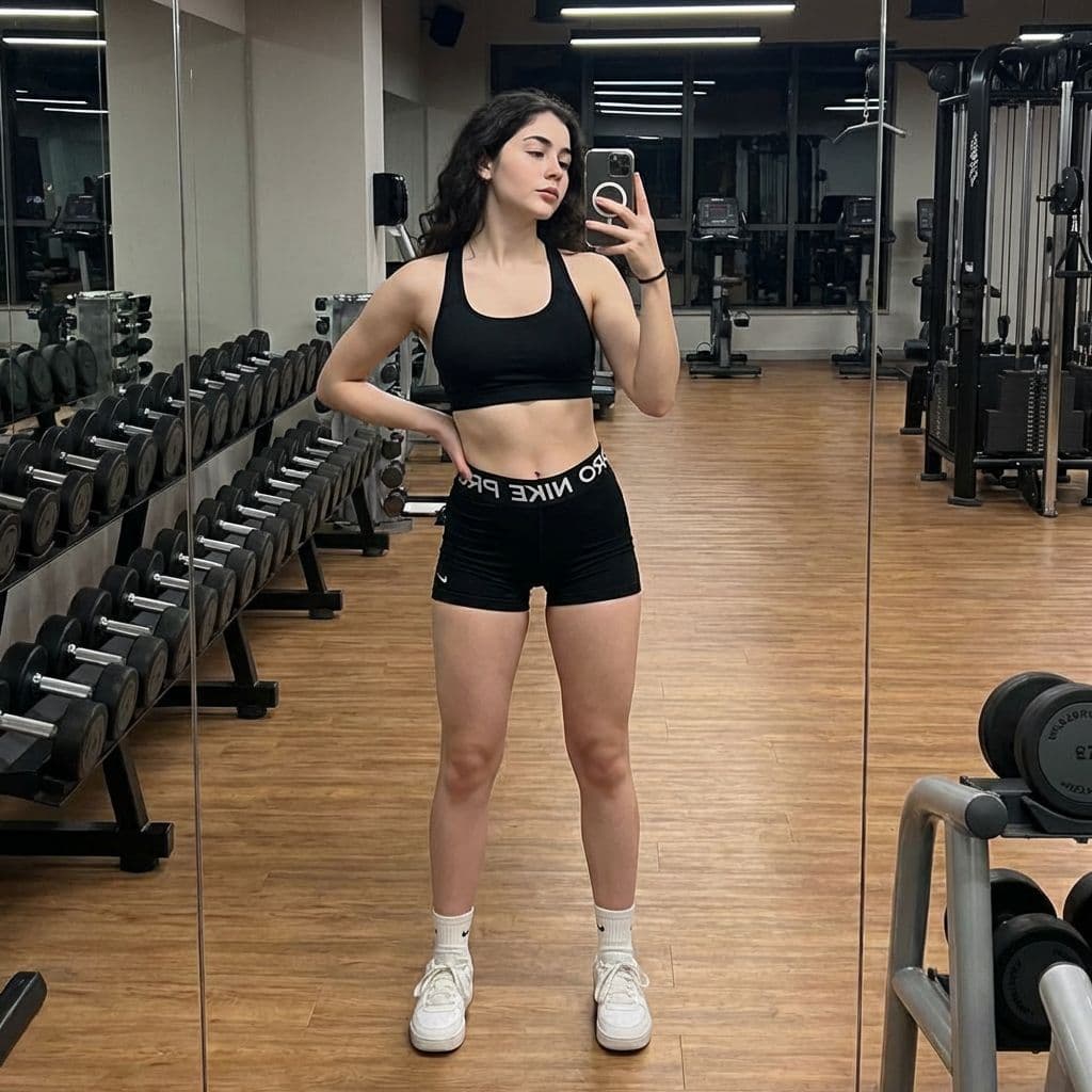 AI generated: Scene: Selfie in front of a mirror inside a gym with a wooden floor and workout equipment visible in...