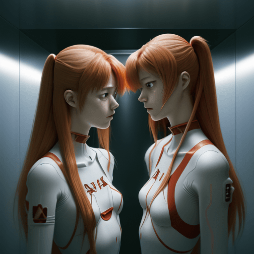 AI generated: asuka langley and ayanami rei fron neon genesis evangelion are talking inside elevator realistic ult...