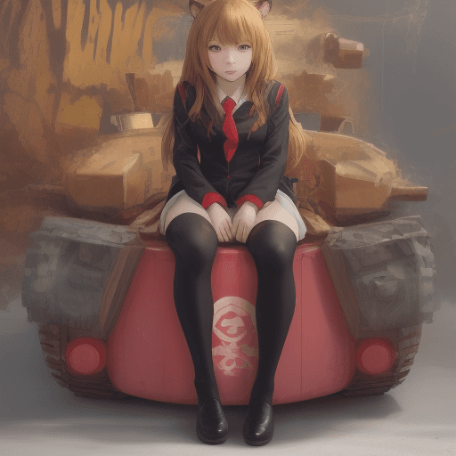 AI generated: toradora, taiga aisaka, smug, cute face, anime, sit on tank and hug gun turret, red school uniform,h...