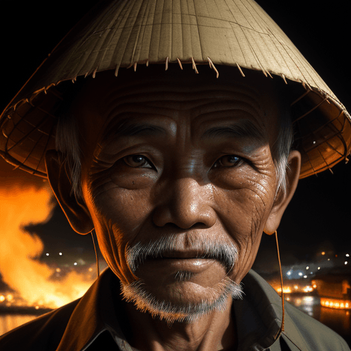 AI generated: A close-up of a Vietnamese old man's face, illuminated by the light of a fire, with a backdrop of a ...