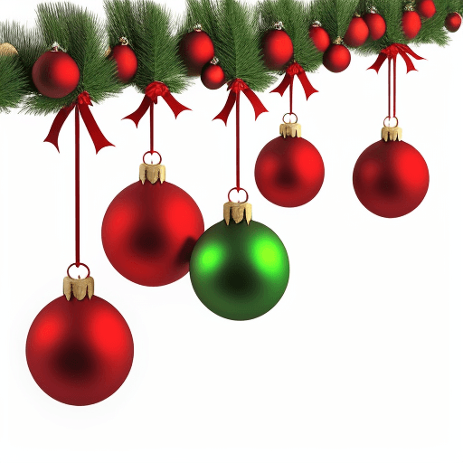AI generated: Christmas banch and many different hanging balls on white background,
