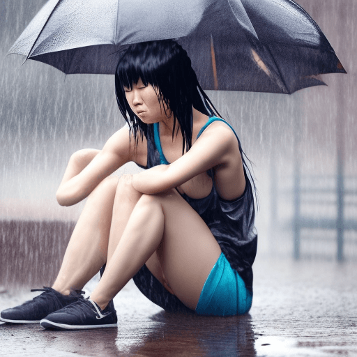 AI generated: Create a full-body photograph of a Hinata crouching low in the rain. She is wearing a wet tank top a...