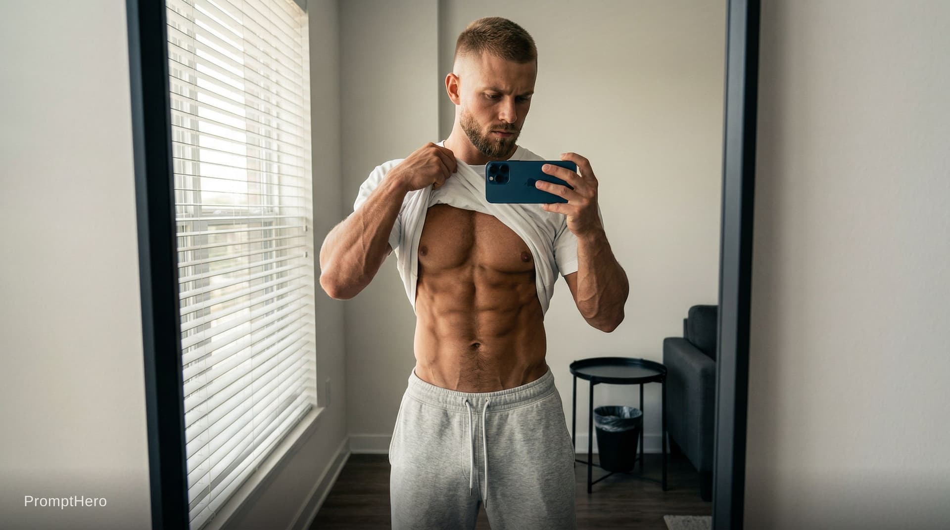 AI generated: Photorealistic full-body mirror selfie of a very muscular, lean and shredded young man in his early ...