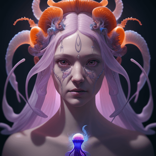 AI generated: Goddess close-up portrait ribcagel. jellyfish phoenix head, nautilus, orchid, skull, betta fish, bio...