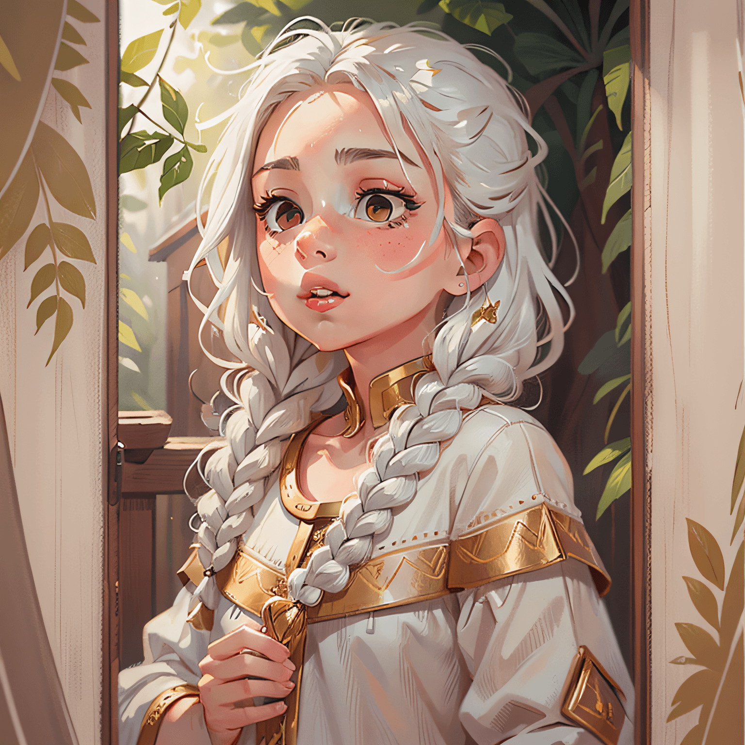 AI generated: best quality, masterpiece,white hair, gold eyes,white clothes, looking up, upper body,hair strand,Fa...