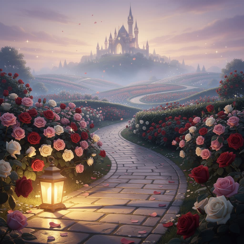 AI generated: A magical romantic rose garden at twilight, illustrated in a high-polish 2.5D fantasy style.

A curv...