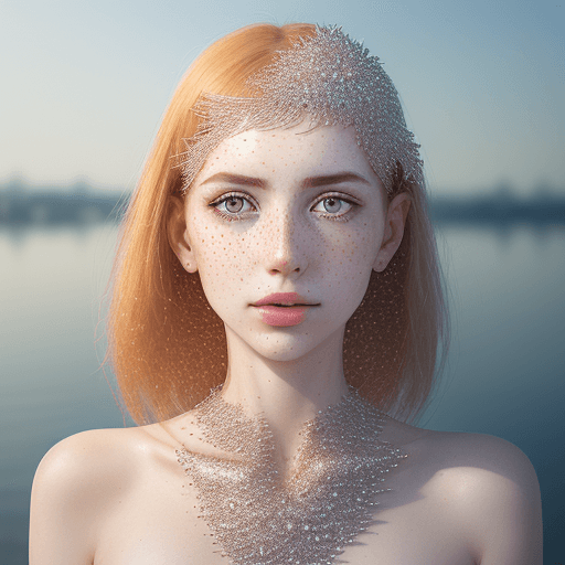 AI generated: a woman with freckled skin is photographing her face, in the style of dmitry kustanovich, delicate m...