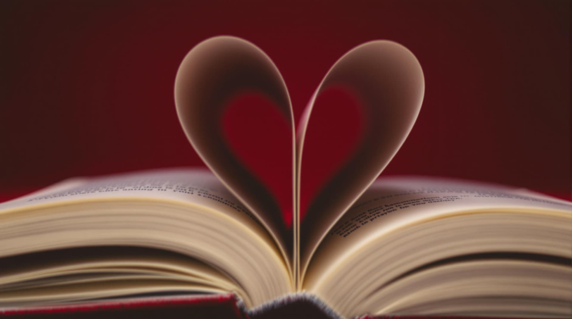 AI generated: Open book, heart-shaped pages, romantic literature, deep red background, soft lighting, cream-colore...