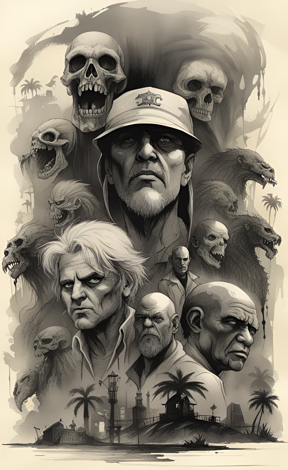 AI generated: A pencil sketch poster of the Order Of The Undying, comic style, human skulls and human figures and ...