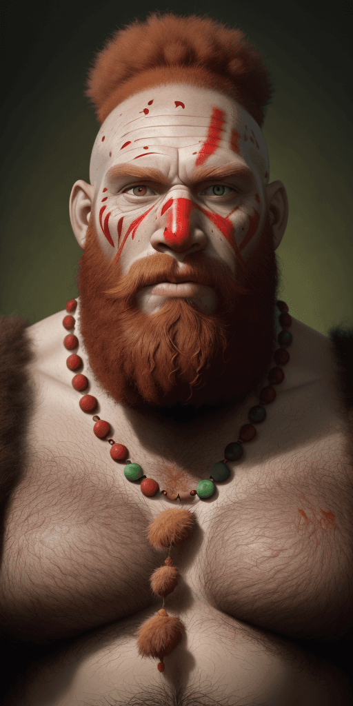 AI generated: A neanderthal man portrait, bald head, long red beard, very large red nose, red cheeks and large blu...