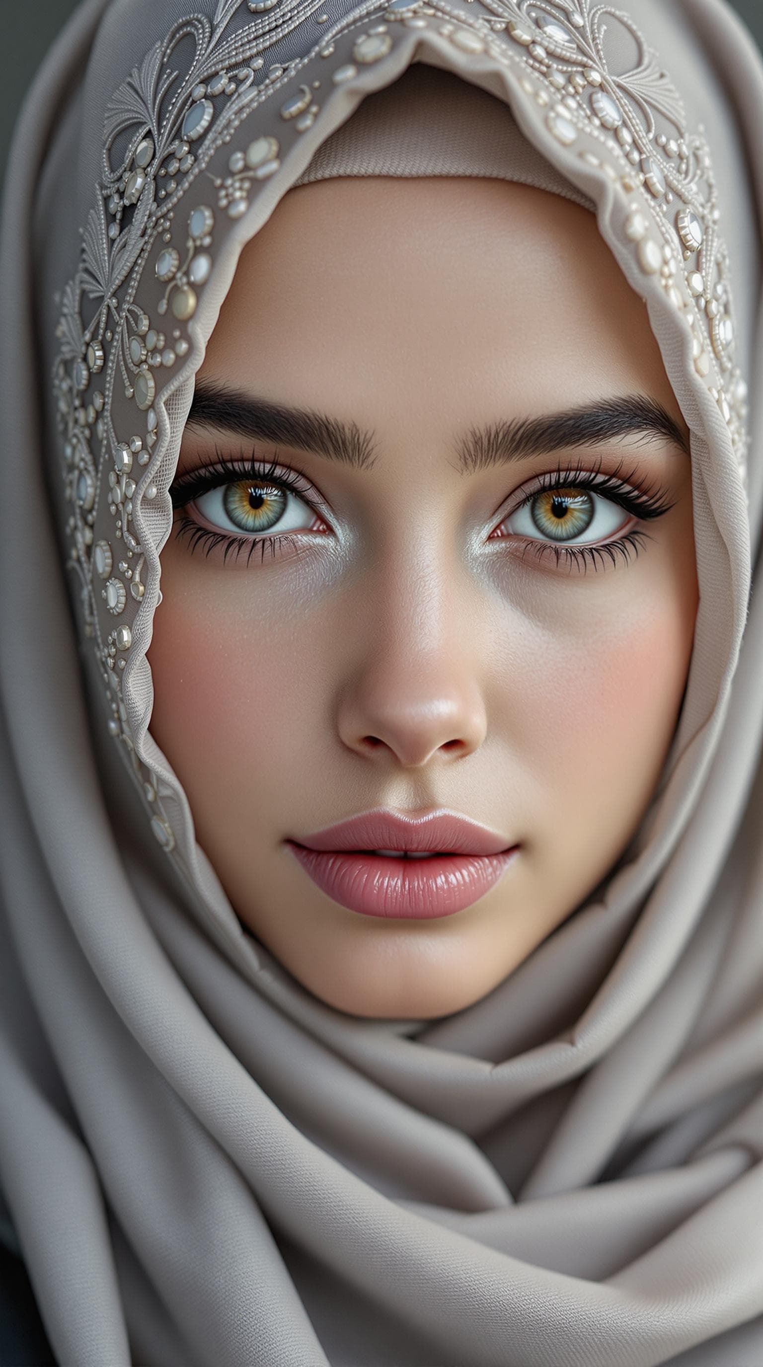AI generated: Girl, 18oyo, hazel green eyes, pink lips, black eyeliner in her eyes, (wearing a hijab:1.9), (fullbo...