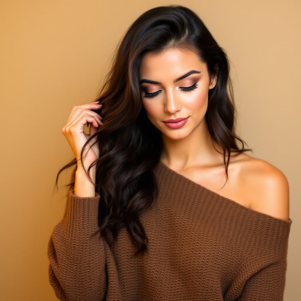 AI generated: A woman with wavy dark brown hair, wearing an off-shoulder oversized brown knit sweater. She gazes s...