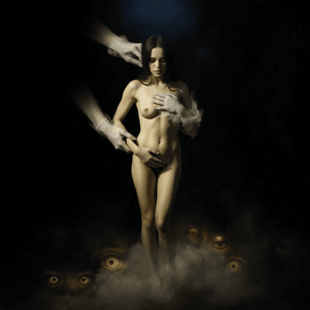 AI generated: A lone  naked woman stands illuminated in a single dramatic spotlight in the center of a vast, smoky...